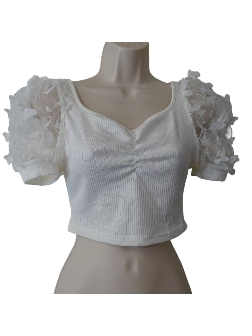 Shein White Ribbed Crop Top Butterfly Applique Puff Mesh Sleeves Size 4 Festival